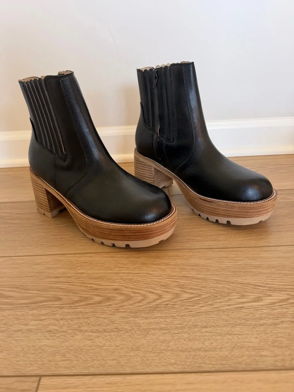 Black Leather Platform Ankle Boot with Stacked Sole